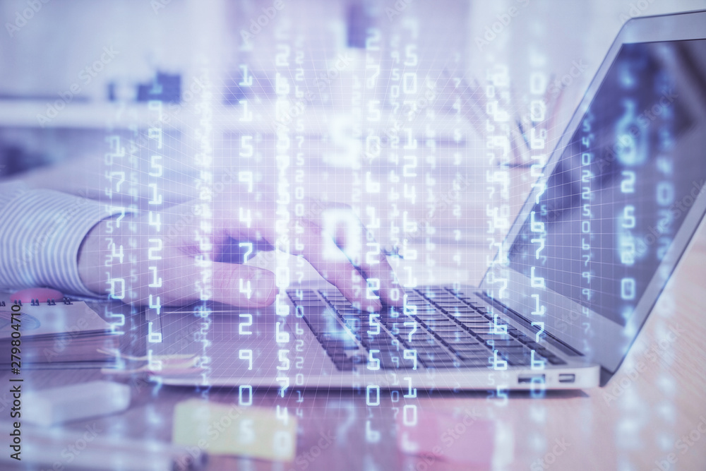 Fototapeta premium Businessman working on Laptop with technology theme drawing. Concept of big data. Double exposure.