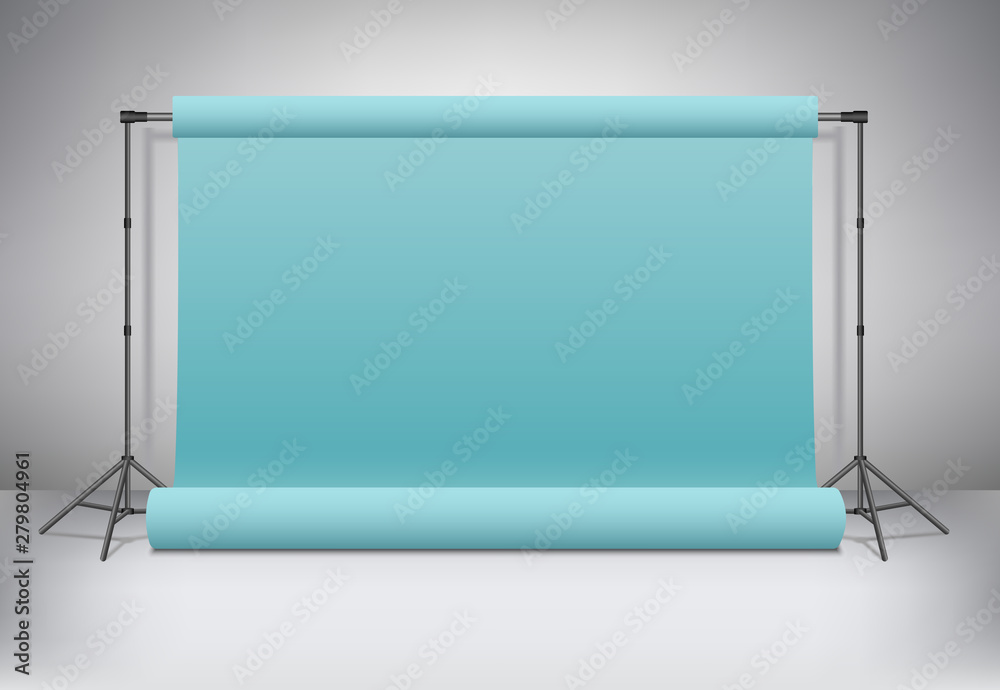 Empty photo studio. Realistic 3D template mock up. Backdrop stand (tripods) with pastel turquoise paper backdrop. Blue, green background. Vector illustration. Empty photo studio. Realistic 3D template mock up. Backdrop stand (tripods) with pastel turquoise paper backdrop. Blue, green background. Vector illustration.