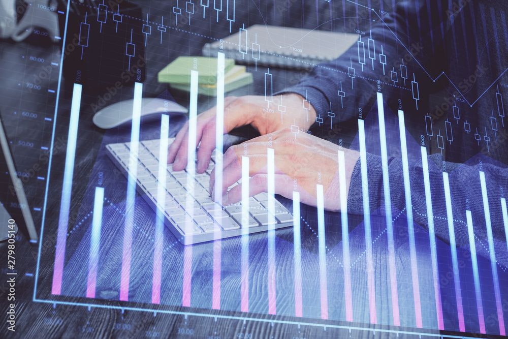 Stock graph with businessman typing on computer in office on background. Concept of analysis. Double exposure. Stock graph with businessman typing on computer in office on background. Concept of analysis. Double exposure.
