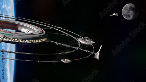 Fototapeta Naklejka Na Ścianę i Meble -  space station in orbit of planet Earth, gateway platform to the Moon, futuristic habitat in outer space with spaceships