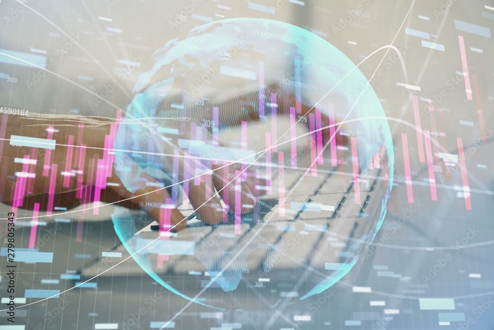 Forex graph with businessman working on computer in office on background. Concept of hardworking. Closeup. Multi exposure.