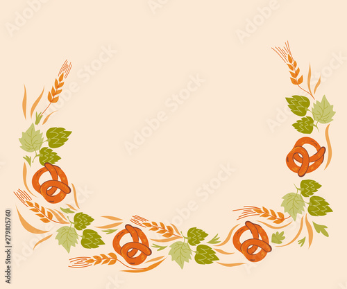 Frame or border element for Oktoberfest traditional beer festival with pretzels and hop leaves, cartoon vector illustration isolated. Bavarian autumn event's flyer or poster template.