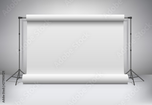 Empty photo studio. Realistic 3D template mock up. Backdrop stand (tripods) with white paper backdrop. Gray background. Vector illustration.