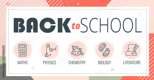 Back to the school. School sale. Biology, chemistry, literature, physics and other school subjects.