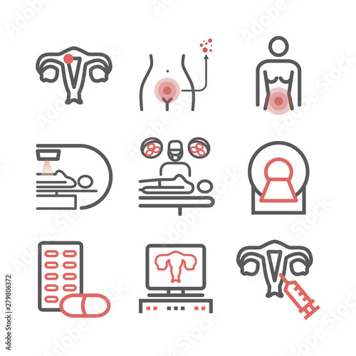Cervical Cancer. Symptoms, Causes, Treatment. Line icons set. Vector signs for web graphics.