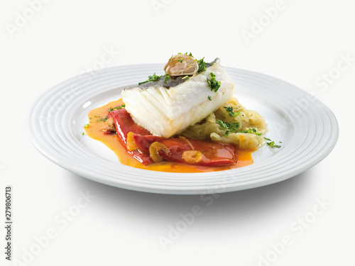 Bacalao con pimientos  sobre fondo blanco. Cod with peppers on white background.