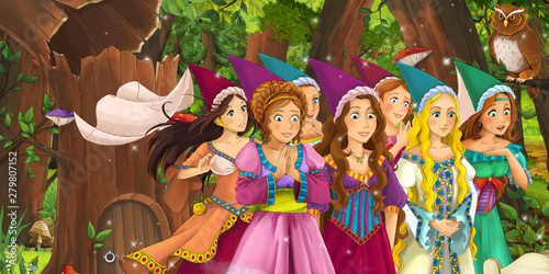cartoon scene with happy young girls princesses royal crowd in the forest encountering pair of owls flying - illustration for children
