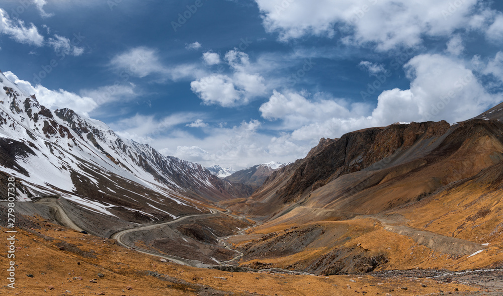 Kyrgyzstan, Southern Coast Of Issyk-Kul Lake, Famous Scenic Barskaun Gorge ( Leopard Tears Or Pass Barskoon ) In Tien-Shan Mountains. Serpentine Road To The Gold Mine Kumtor And Arabel Plateau.