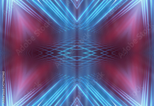 Dark abstract futuristic background. Neon lines  glow. Neon lines  shapes. Pink and blue glow