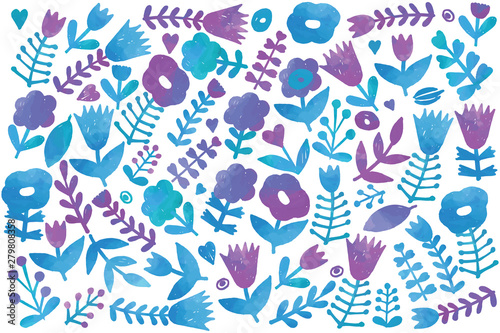 Floral set, bright summer doodle clip art kit in blue colors on white background