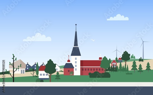 Horizontal landscape with town neighborhood with private houses or residential buildings, tower, park and wind turbines on hills. Small city or village. Vector illustration in flat cartoon style.