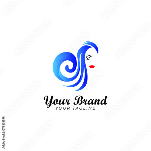 logo template of chic woman with curly hair in blue shade