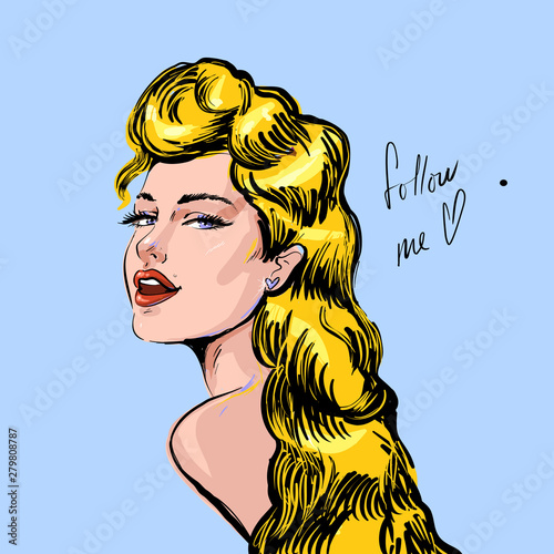 Blond sexy young woman looking back and smiling. Follow me attractive mood slogan. Hand drawn illustration for print, banner, poster, advertising