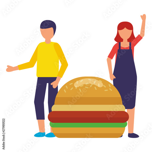 man and woman burger fast food