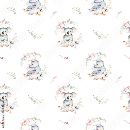 Watercolor cute cartoon little baby and mom koala with floral wreath seamless pattern. tropical fabric background. Mother and baby design. Animal family. Kid love birthday drawing