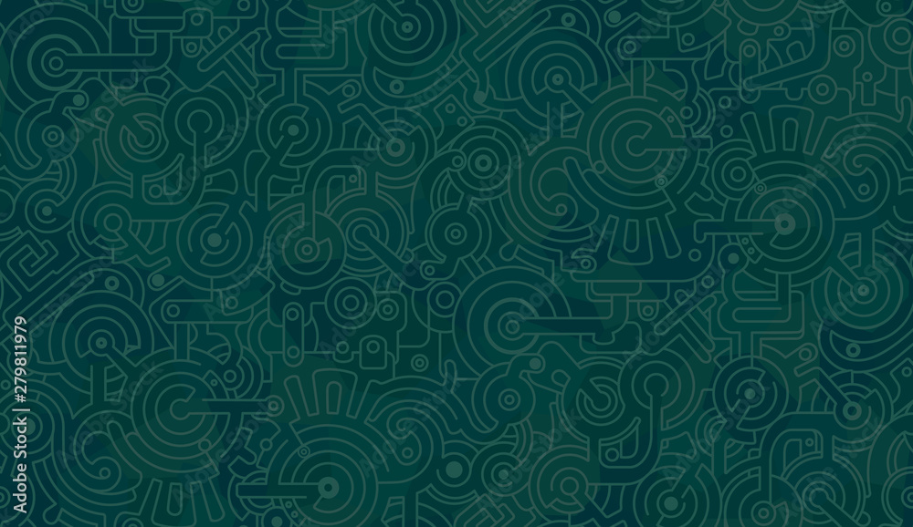 Abstract seamless pattern.  Lines, polygons, gears, bolts, cogs.  Dark and green and blue