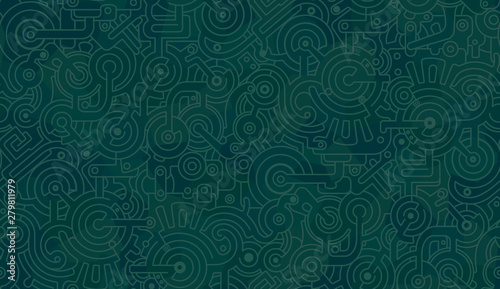 Abstract seamless pattern. Lines, polygons, gears, bolts, cogs. Dark and green and blue