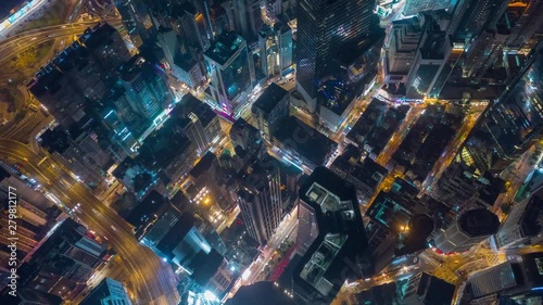 night illuminated flight over hong kong city downtown traffic aerial topdown panorama 4k timelapse 