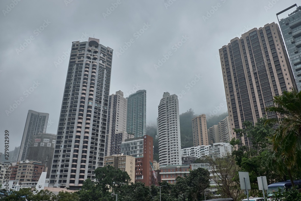 08 03 2019 Hong Kong, China - high-rise buildings and cloudy sky