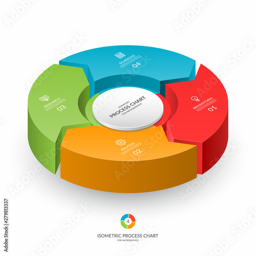 Infographic isometric 3d process chart. Cycle diagram with 4 stages, options, parts. Can be used for report, business analytics, data visualization and presentation.