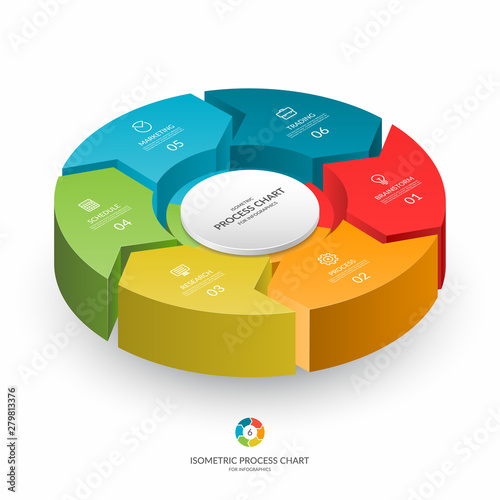 Infographic isometric 3d process chart. Cycle diagram with 6 stages, options, parts. Can be used for report, business analytics, data visualization and presentation.
