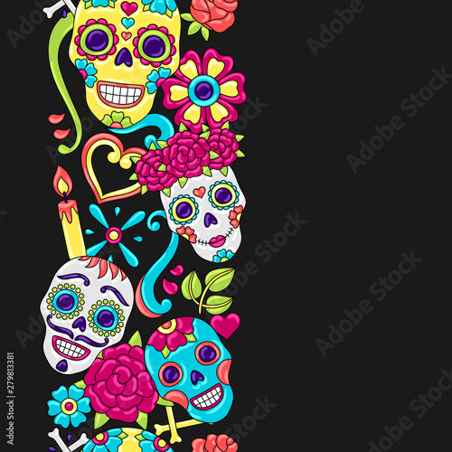 Day of the Dead seamless pattern. Sugar skulls with floral ornament.