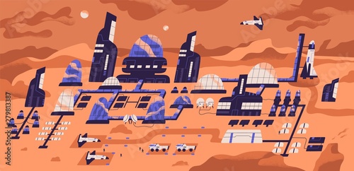 Colonization of Mars. Panoramic view of human settlement, habitat or space expedition base with modern buildings, structures and landed spacecrafts on planet surface. Flat cartoon vector illustration.