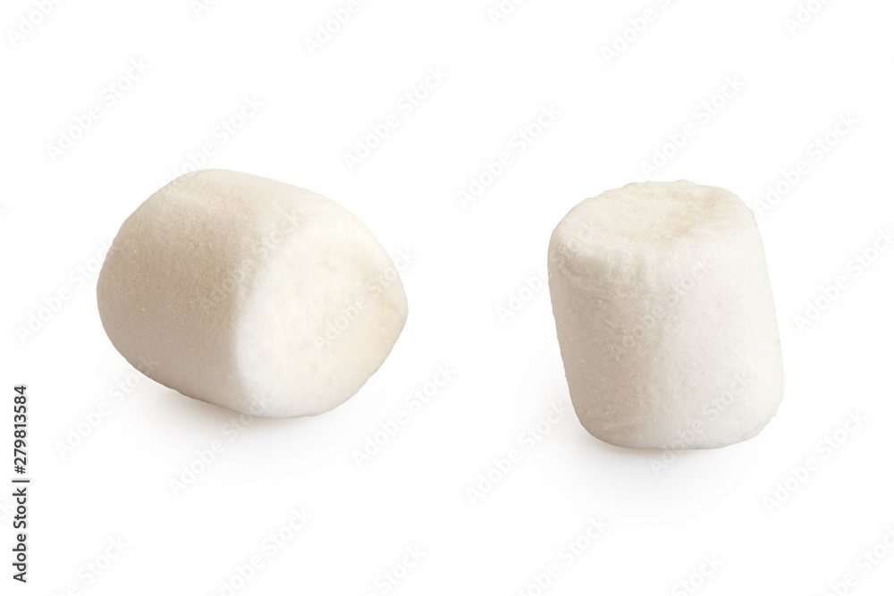 Two white mini marshmallows isolated on white. Two white mini marshmallows isolated on white.