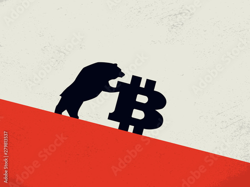 Bitcoin bearish market vector concept with bear pushing bitcoin down. Symbol of financial investment in cryptocurrency, blockchain trading. Selling btc, value fall.