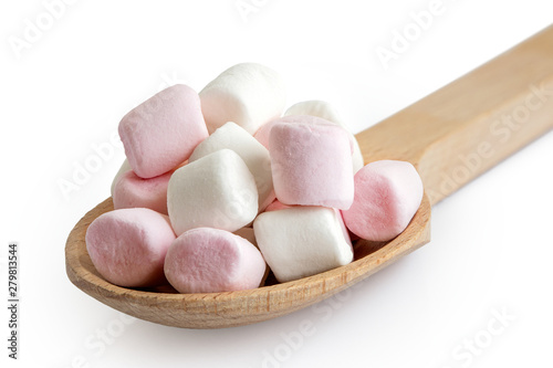 Pile of pink and white mini marshmallows on wooden spoon isolated on white.