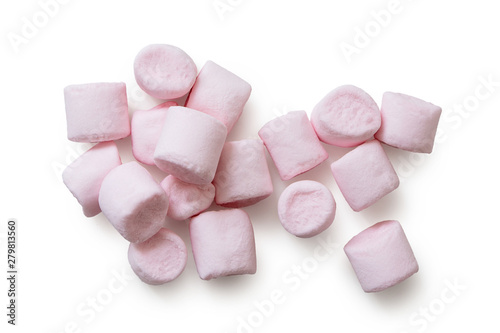 Many pink mini marshmallows isolated on white from above.