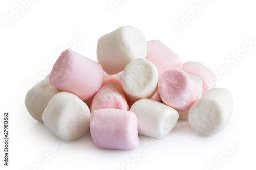 Pile of pink and white mini marshmallows isolated on white. photo