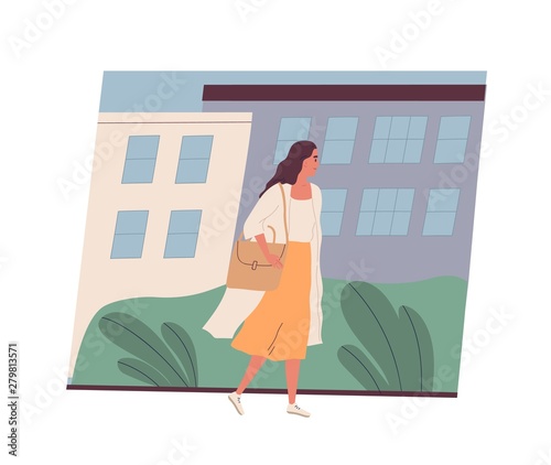 Cute smiling young woman going to work. Happy female character walking on cit...