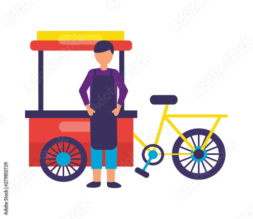 man bicycle food cart on white background