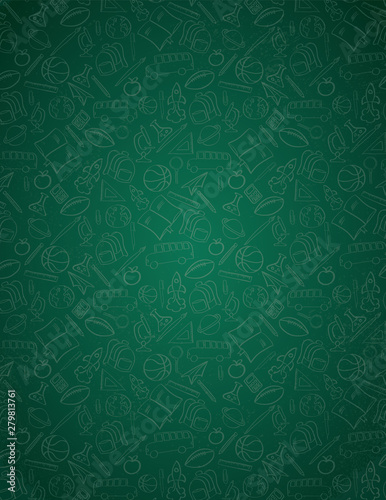 Back to school vector background with pattern made of school student objects chalk drawn on green board. Suitable for school supplies sale, shopping, promotion, advertising.
