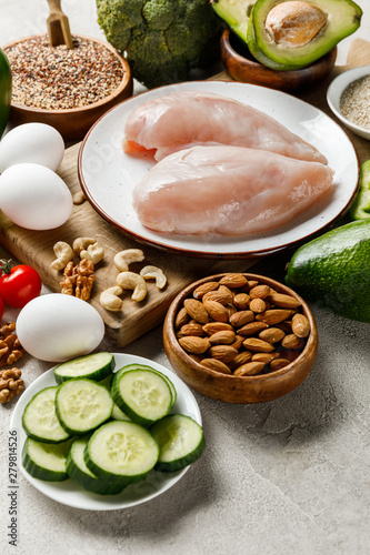 fresh raw chicken breasts on white plate near nuts, eggs and green vegetables, ketogenic diet menu