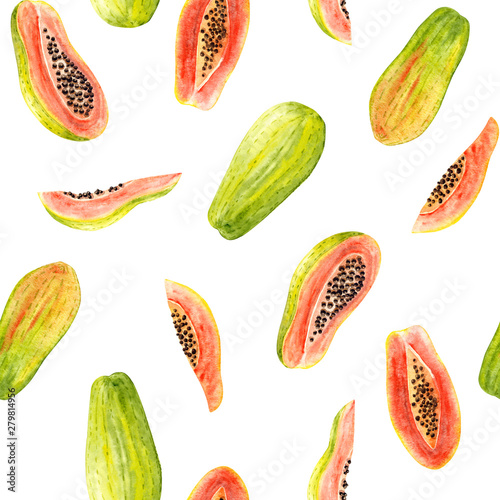 Seamless pattern of bright watercolor papaya. Isolated colorful illustration on white. Hand painted fruits perfect for trendy design, poster, fabric textile, postcard, wallpaper