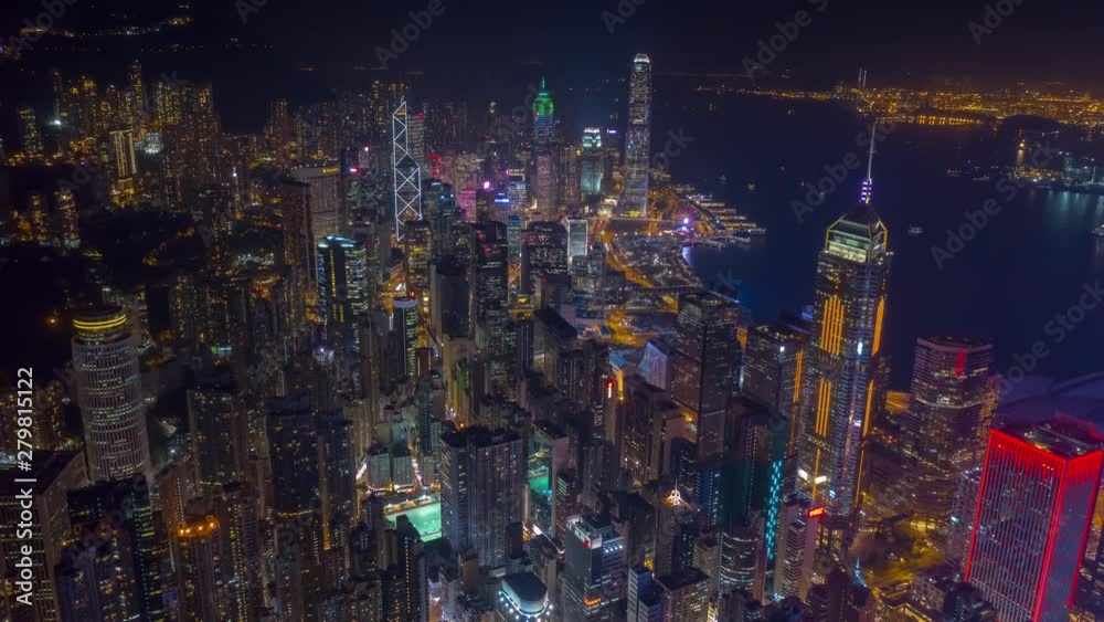 night illumination flight over hong kong city downtown aerial panorama 4k timelapse 
