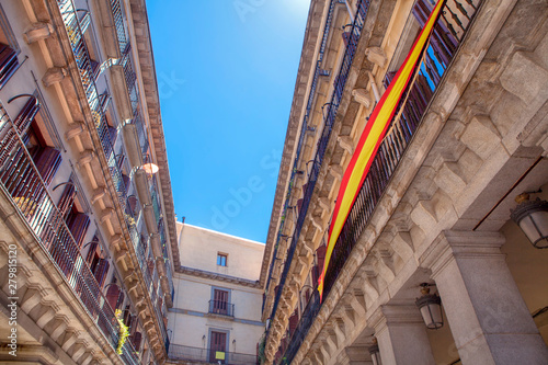 spanish flag on balcony in downtown of Madrid 