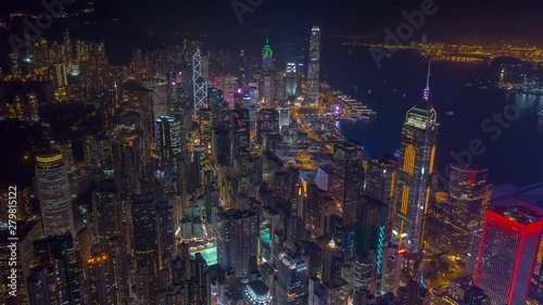 night illumination flight over hong kong city downtown aerial panorama 4k timelapse  photo