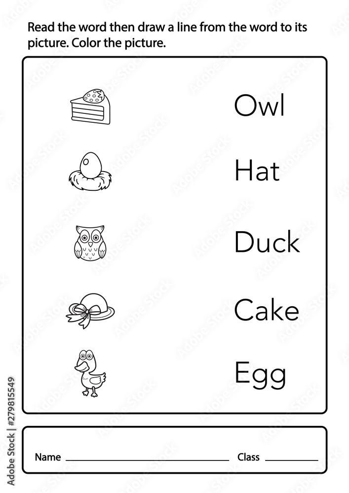 Read the word then draw a line from the word to its picture. Color the picture.illustration,vector Read the word then draw a line from the word to its picture. Color the picture.illustration,vector
