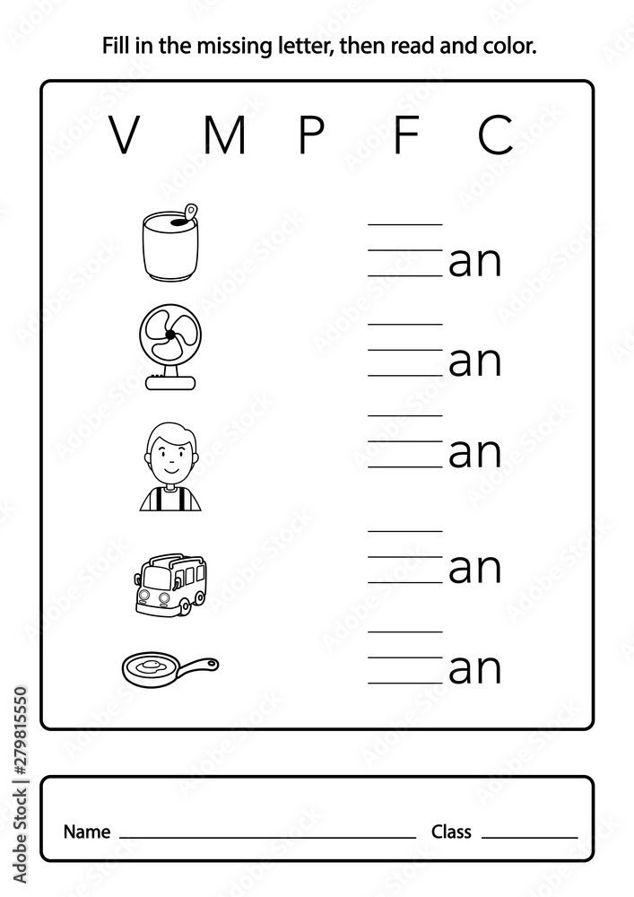 Fill in the missing letter, then read and color illustration, vector Fill in the missing letter, then read and color illustration, vector