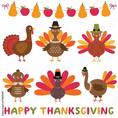 Thanksgiving turkeys and decoration, isolated design element set