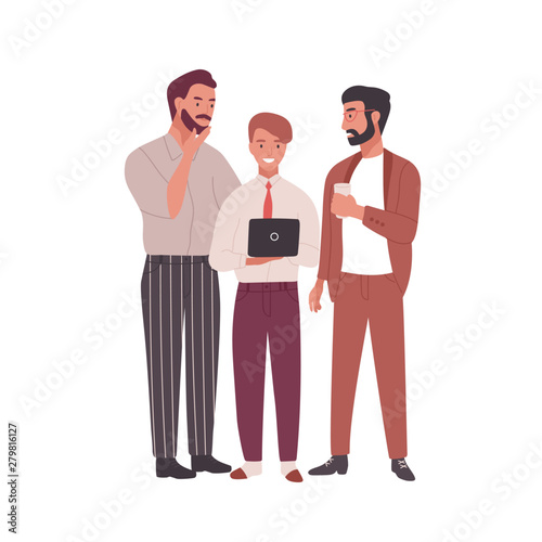 Group of men dressed in business clothes or office workers talking, working o...