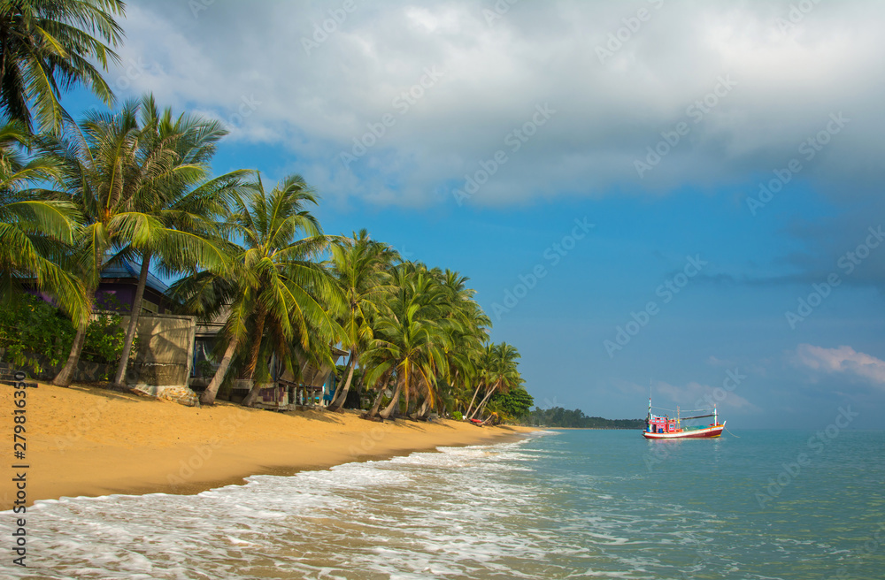 Samui MaeNam morning beach with coconut palms under sky, idyllic landscape