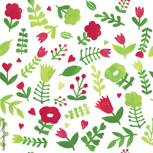 Floral seamless background  bright red- green summer doodle backdrop on white background