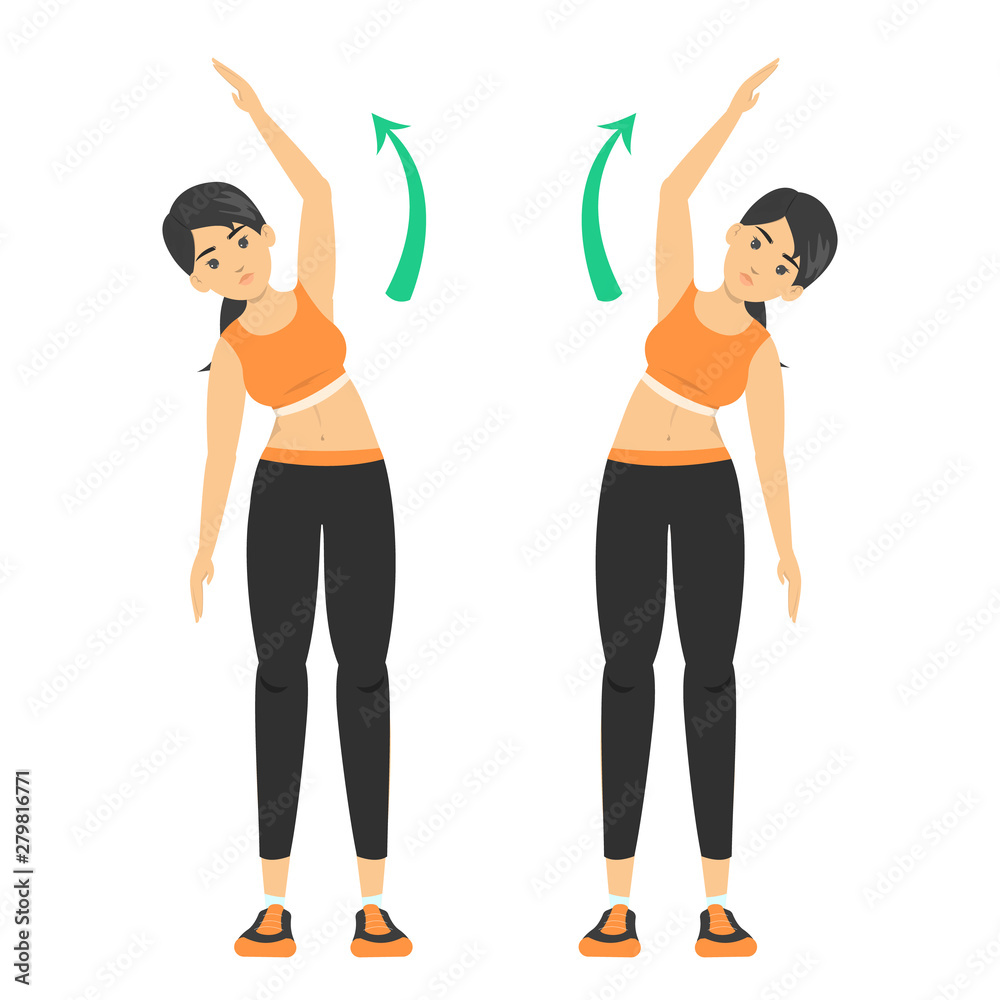 Woman stretching before workout. Side reach exercise Woman stretching before workout. Side reach exercise