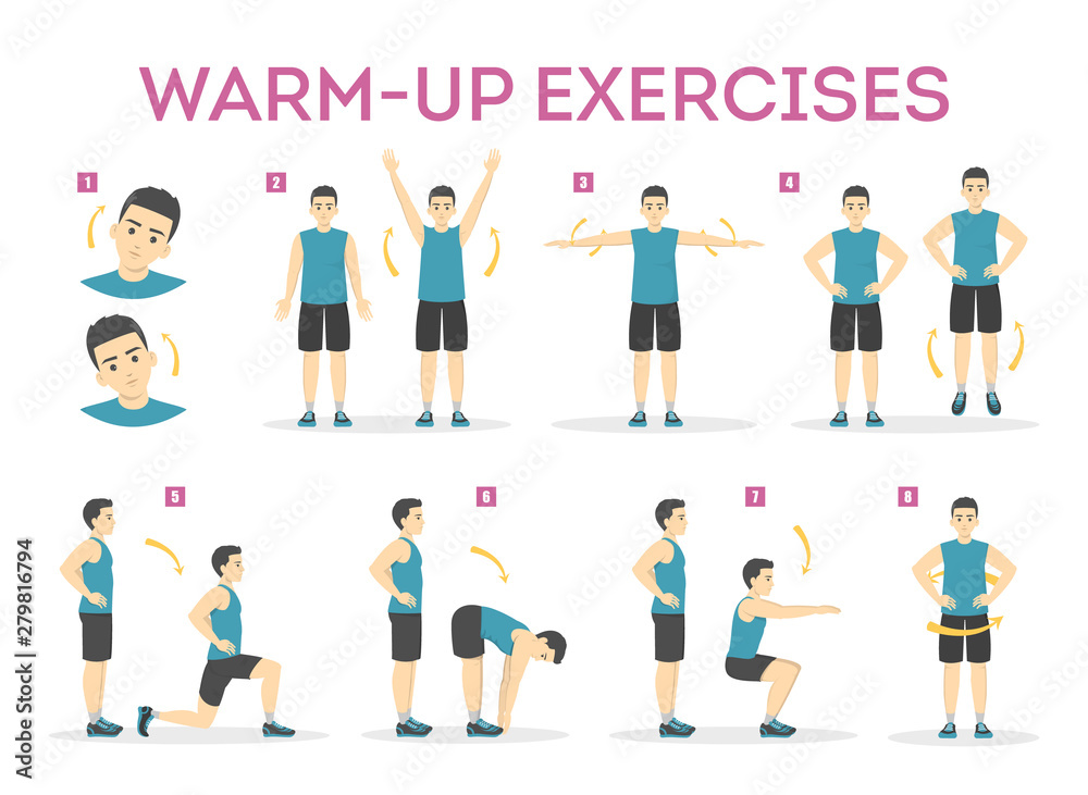 Warm-up exercise set before workout. Stretch muscles Stock Vector