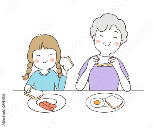 Draw happy girl and grandmother eat breakfast together.