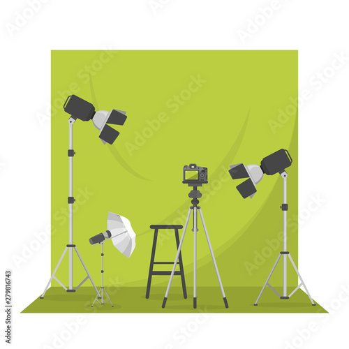 Empty photo studio with green background. Photography